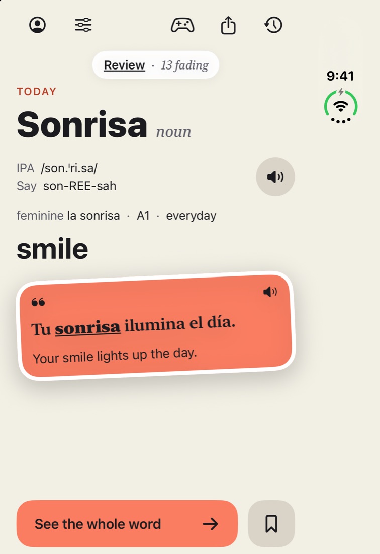 Eachday on the closed iPhone Duo: today's word, its pronunciation, meaning and an example sentence