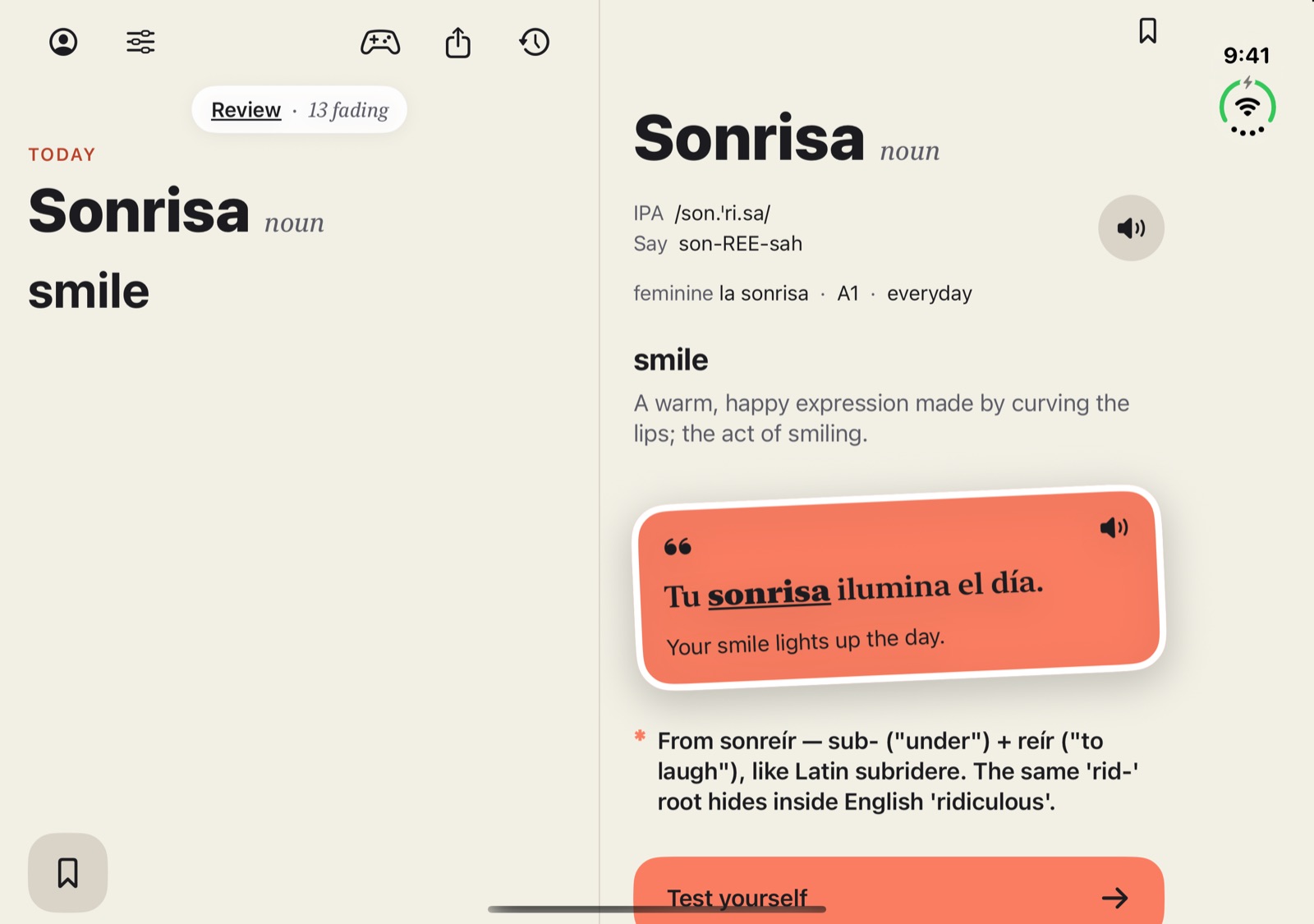 Eachday on the open iPhone Duo: today's Spanish word on the left, and the full word with pronunciation, example and etymology on the right